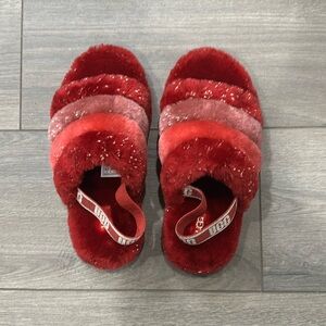 UGG Fluff Yeah Red Sparkle Metallic Slippers Sz 4